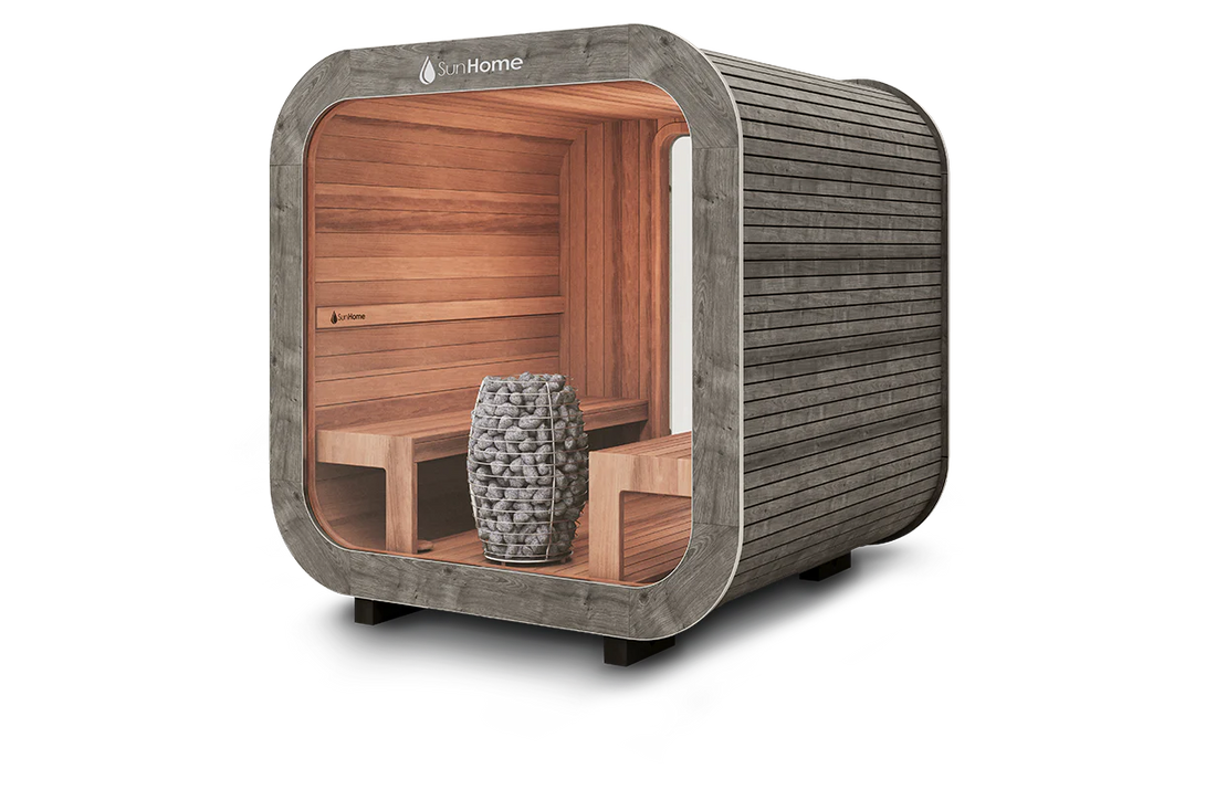 Sun Home Solaris Medium traditional sauna, grey exterior and natural cedar interior, side view