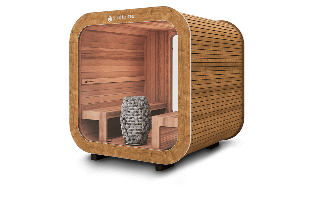 Sun Home Solaris Medium traditional sauna, natural wood exterior and cedar interior with rock heater, side view