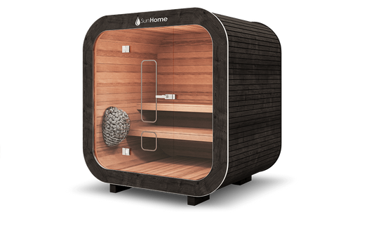 Sun Home Solaris Small traditional sauna, black exterior and natural cedar interior with rock heater, side view