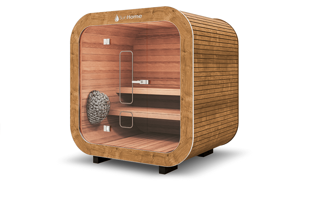Sun Home Solaris Small traditional sauna, natural wood exterior and cedar interior, front view