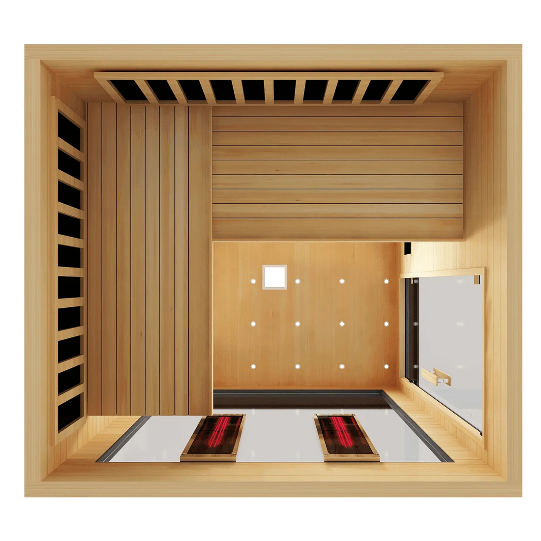 Top-down cutaway render of the Sun Home Luminar 2-person sauna interior layout showing heater placement, bench and glass door