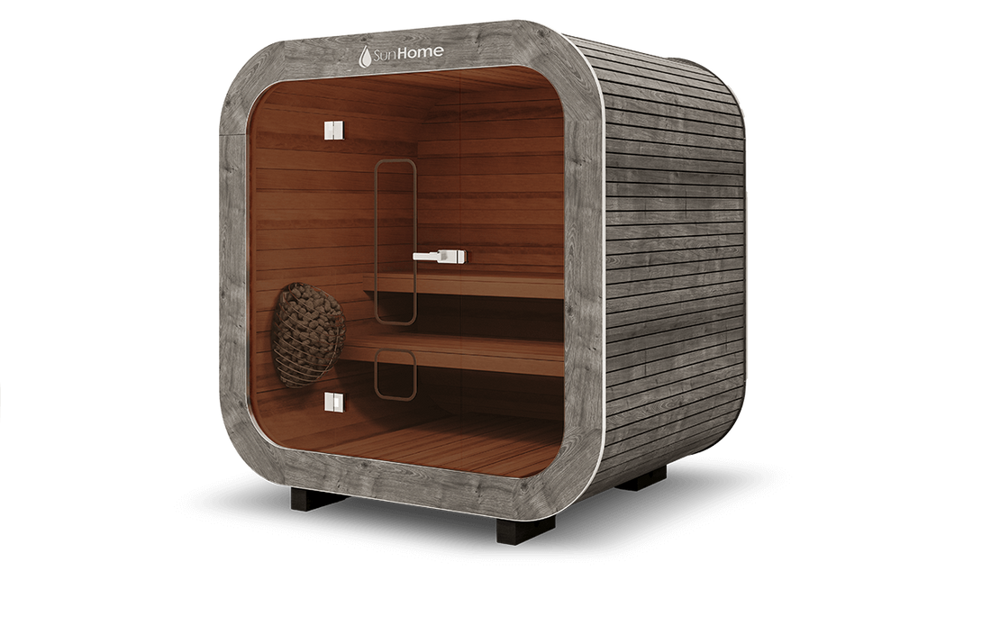 Sun Home Solaris Small traditional sauna, grey exterior and dark wood interior, side view