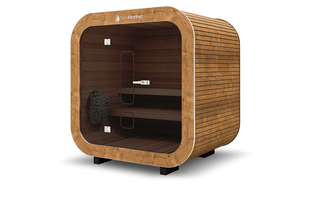 Sun Home Solaris Small traditional sauna, natural exterior, brown interior and black hardware, side view