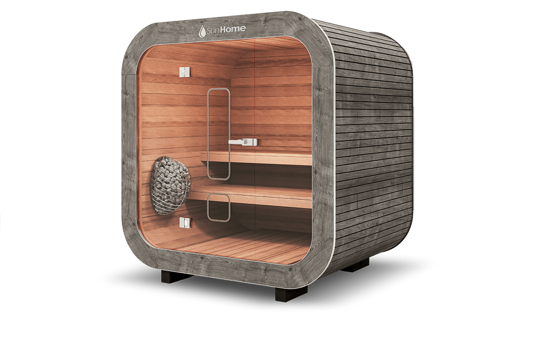 Sun Home Solaris Small traditional sauna, grey exterior, natural interior and black hardware, side view