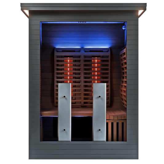 Front view inside the Sun Home Luminar 2-person full-spectrum infrared sauna showing twin full-spectrum panels, far-infrared heaters and blue chromotherapy lighting
