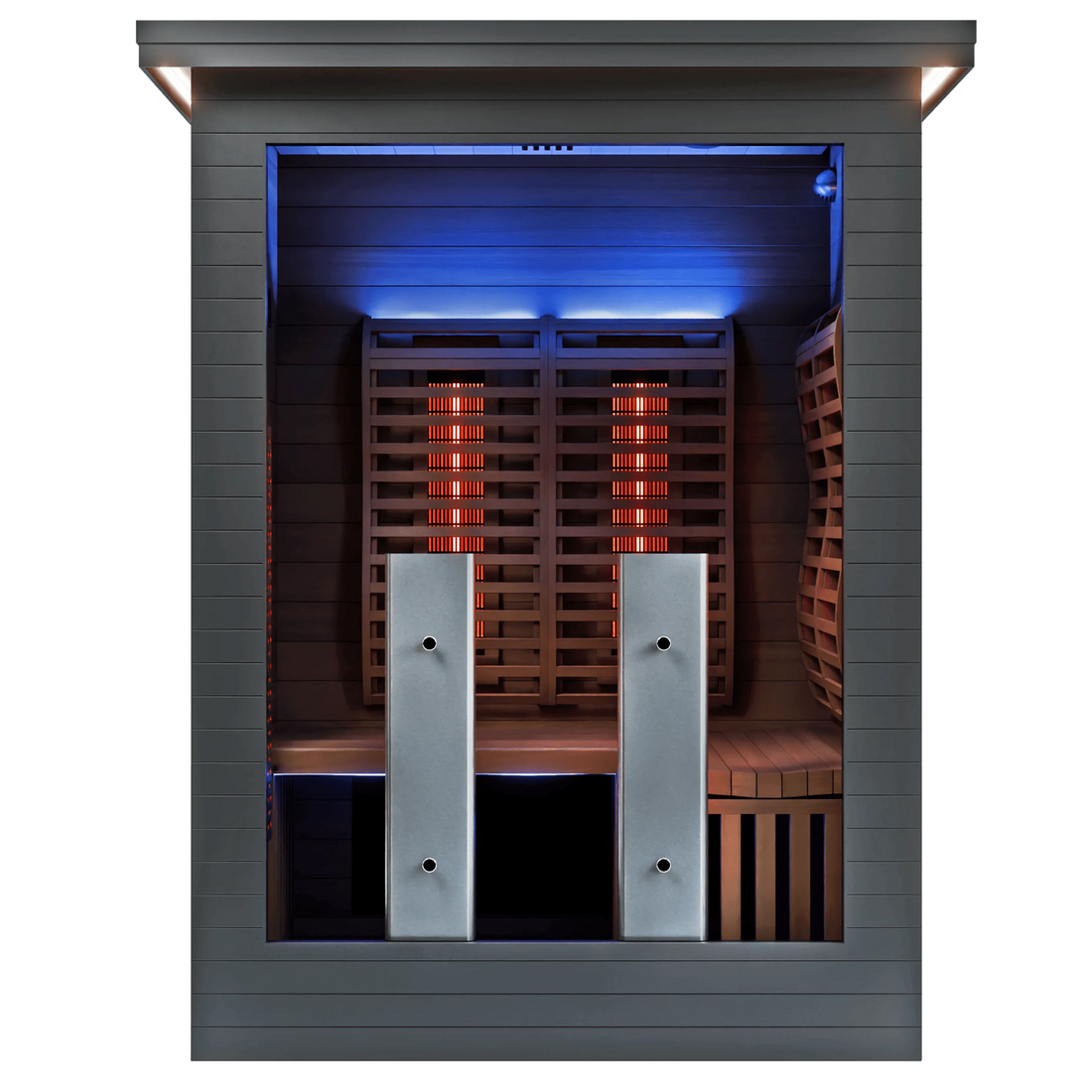 Front view inside the Sun Home Luminar 2-person full-spectrum infrared sauna showing twin full-spectrum panels, far-infrared heaters and blue chromotherapy lighting