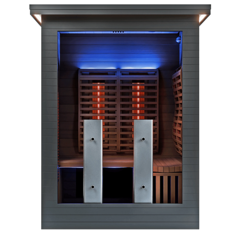Front view inside the Sun Home Luminar 2-person full-spectrum infrared sauna showing twin full-spectrum panels, far-infrared heaters and blue chromotherapy lighting