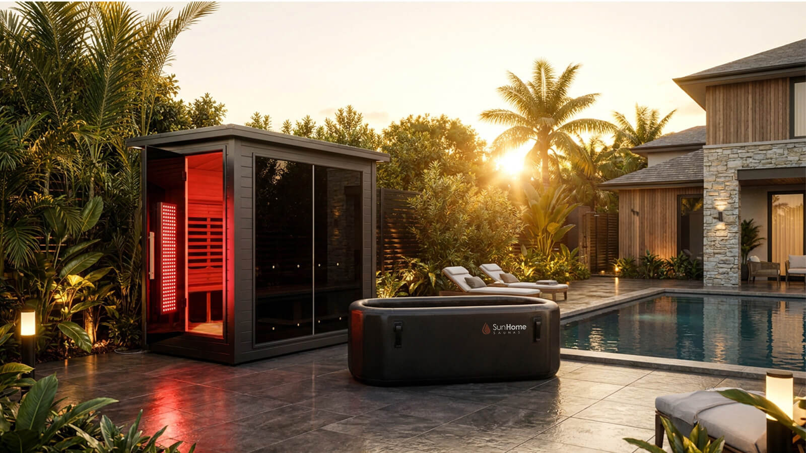 A Sun Home Luminar outdoor sauna with its red light panel lit, beside a Sun Home inflatable cold plunge tub on a poolside patio at sunset