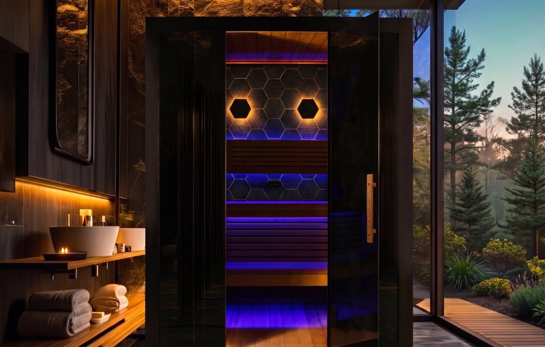 Sun Home Nova traditional steam sauna — full landscape v3 (Nano Banana extended)