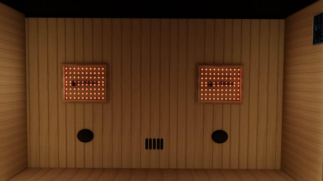 Sun Home Eclipse 4-person red light infrared sauna ceiling with two square red light therapy panels and a corner control display