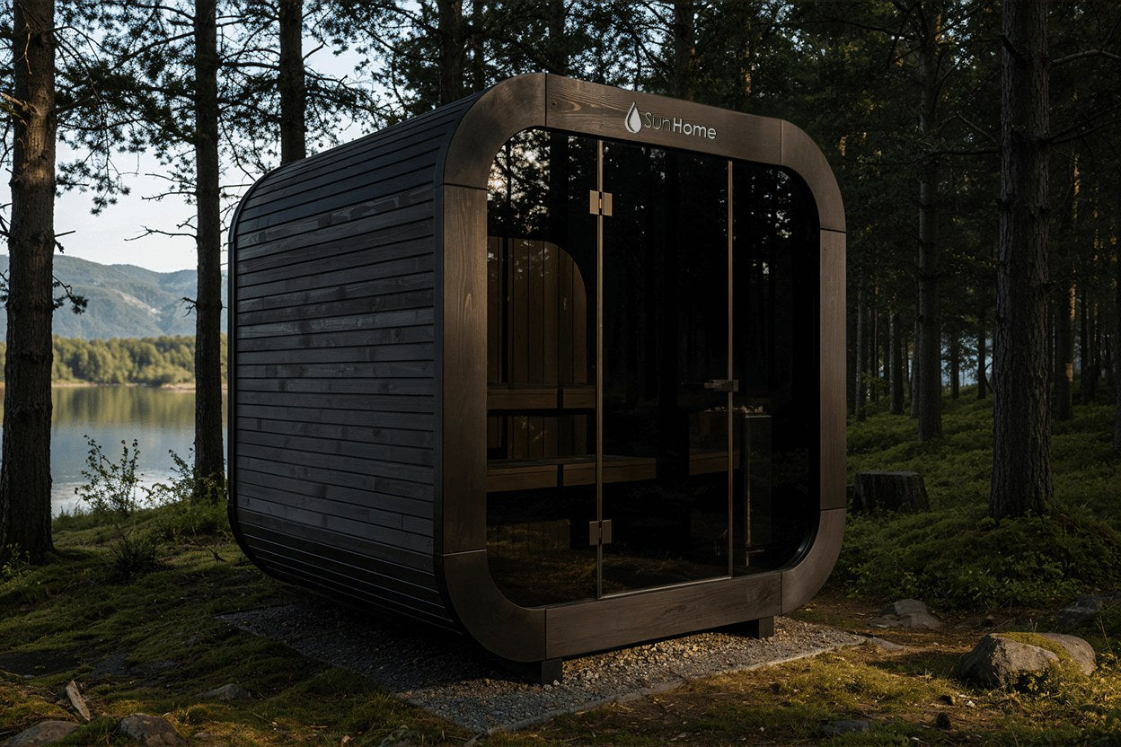 Sun Home Solaris traditional sauna by a forest lake